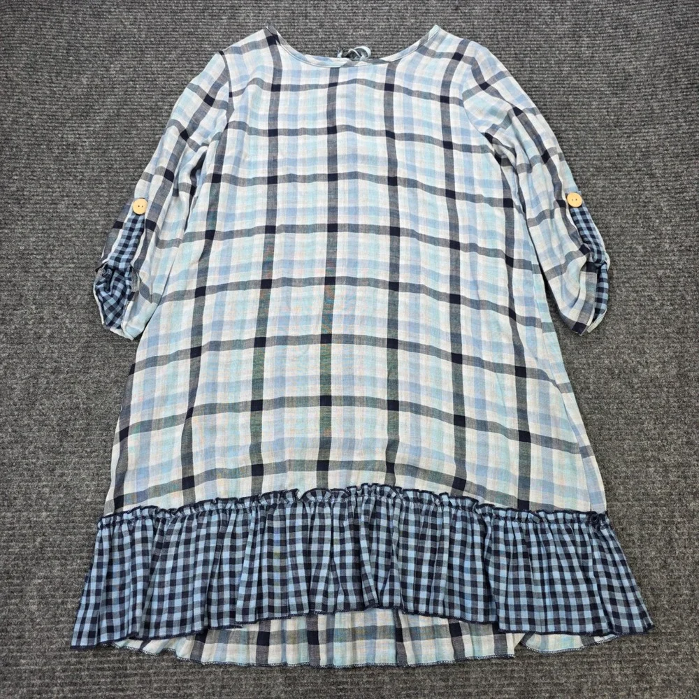Veveret Plaid Gingham Shift‎ Dress Size S Blue White Ruffle Hem Made in USA